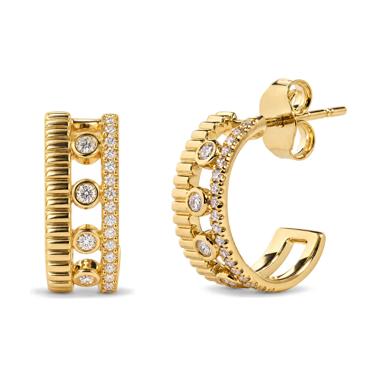10K Yellow Gold 1/5 Cttw Diamond 3 Row Huggie Hoop Earring