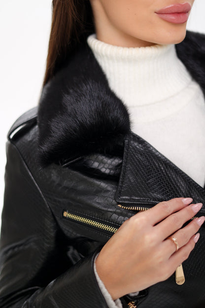 Mink Fur Embossed Leather Jacket
