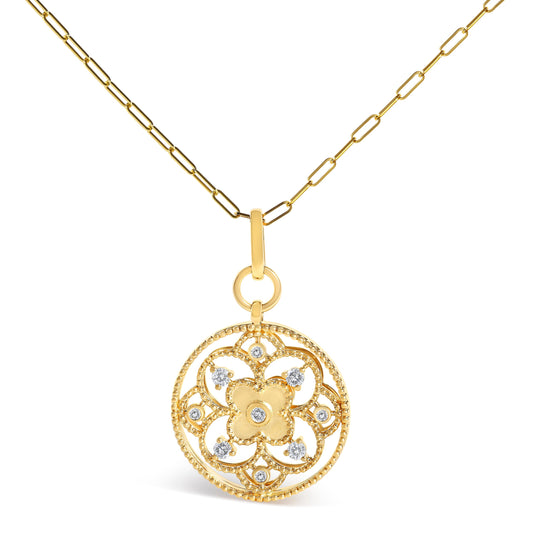 14K Yellow Gold Diamond Flower Medallion Pendant Necklace