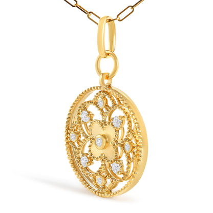 14K Yellow Gold 1/4 Cttw Diamond Filigree Flower Medallion Pendant Necklace
