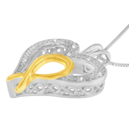 Sterling Silver and 10K Gold Diamond Heart-Ribbon Pendant Necklace