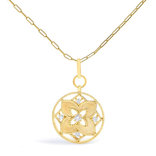 14K Yellow Gold Diamond Star Flower Medallion Pendant Necklace