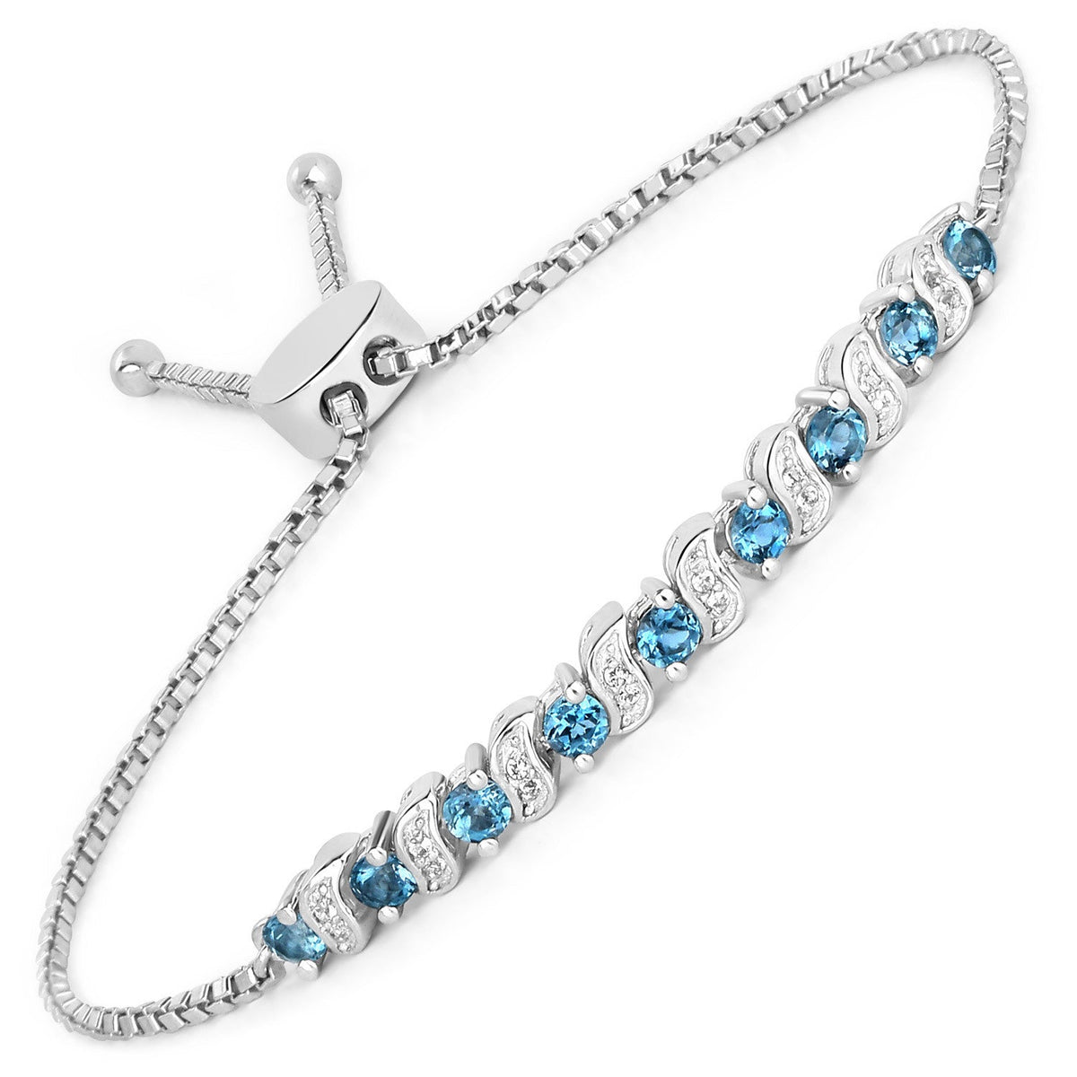 Sterling Silver London Blue Topaz and White Topaz Bolo Bracelet