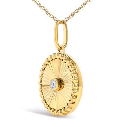 14K Yellow Gold Diamond Accent Medallion Circle Fluted Pendant Necklace
