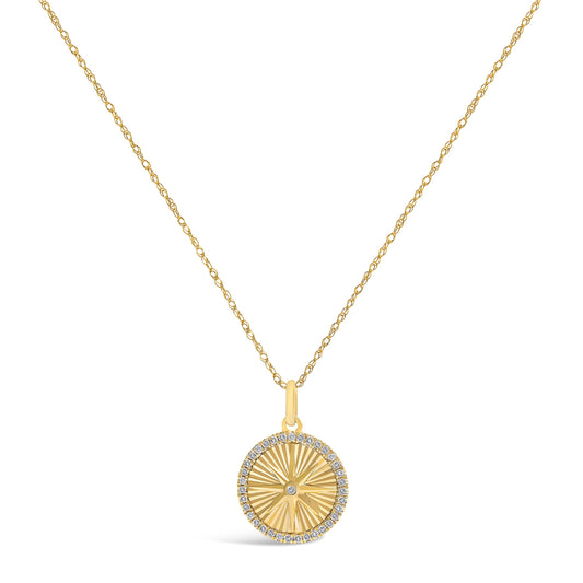 14K Yellow Gold Diamond Starburst Fluted Medallion Pendant Necklace