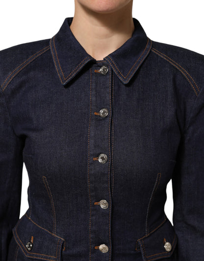 Dolce & Gabbana Dark Blue Cotton Collared Denim Coat Jacket