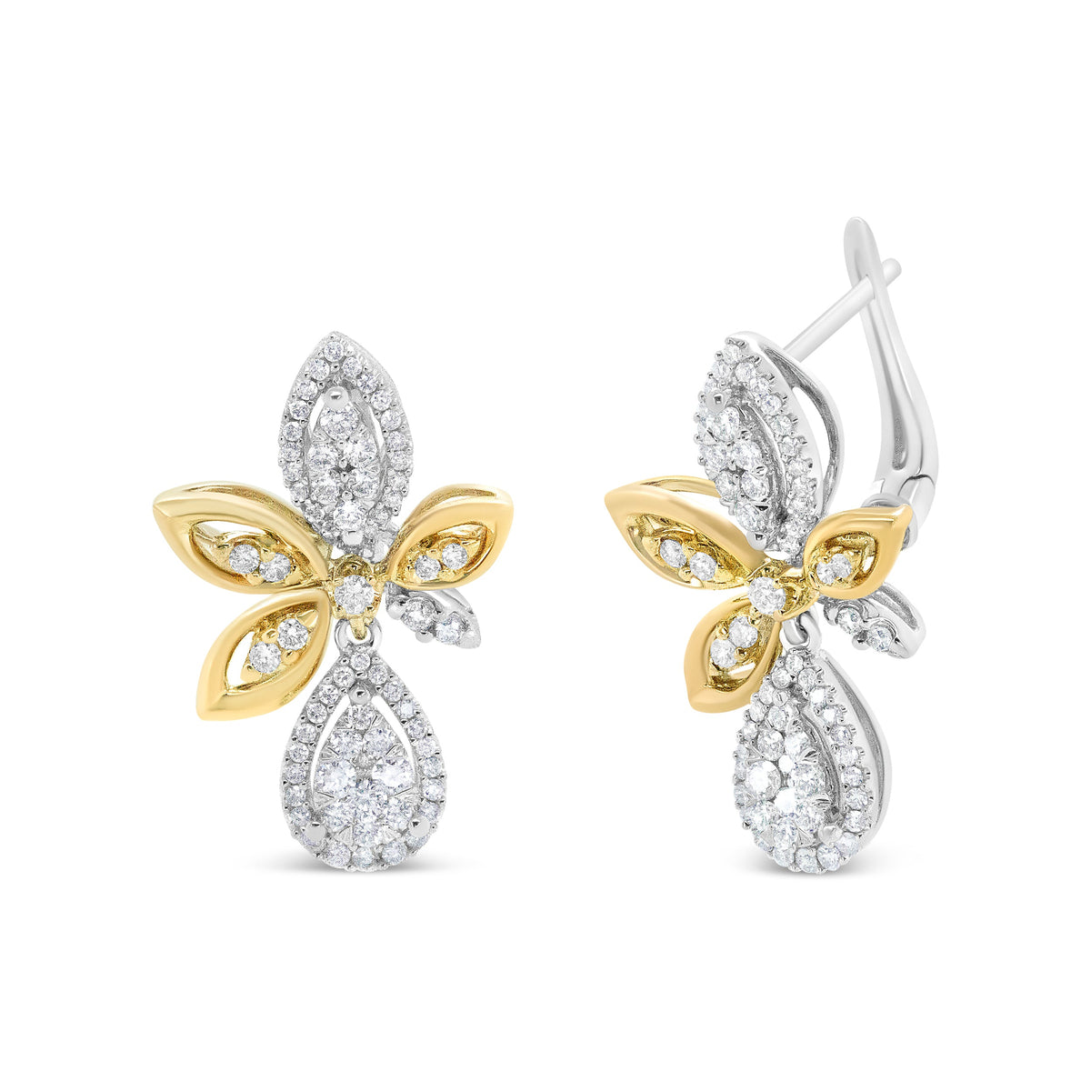 14K White and Yellow Gold 1.00 Cttw Diamond Teardrop and Marquise Drop Dangle Earrings
