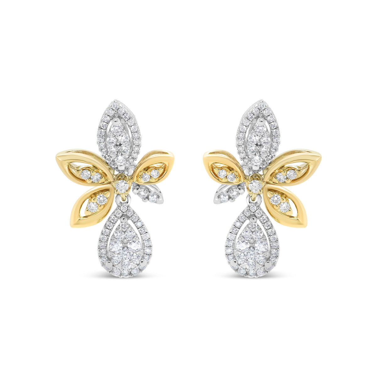 14K White and Yellow Gold 1.00 Cttw Diamond Teardrop and Marquise Drop Dangle Earrings