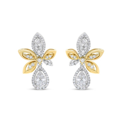 14K White and Yellow Gold 1.00 Cttw Diamond Teardrop and Marquise Drop Dangle Earrings