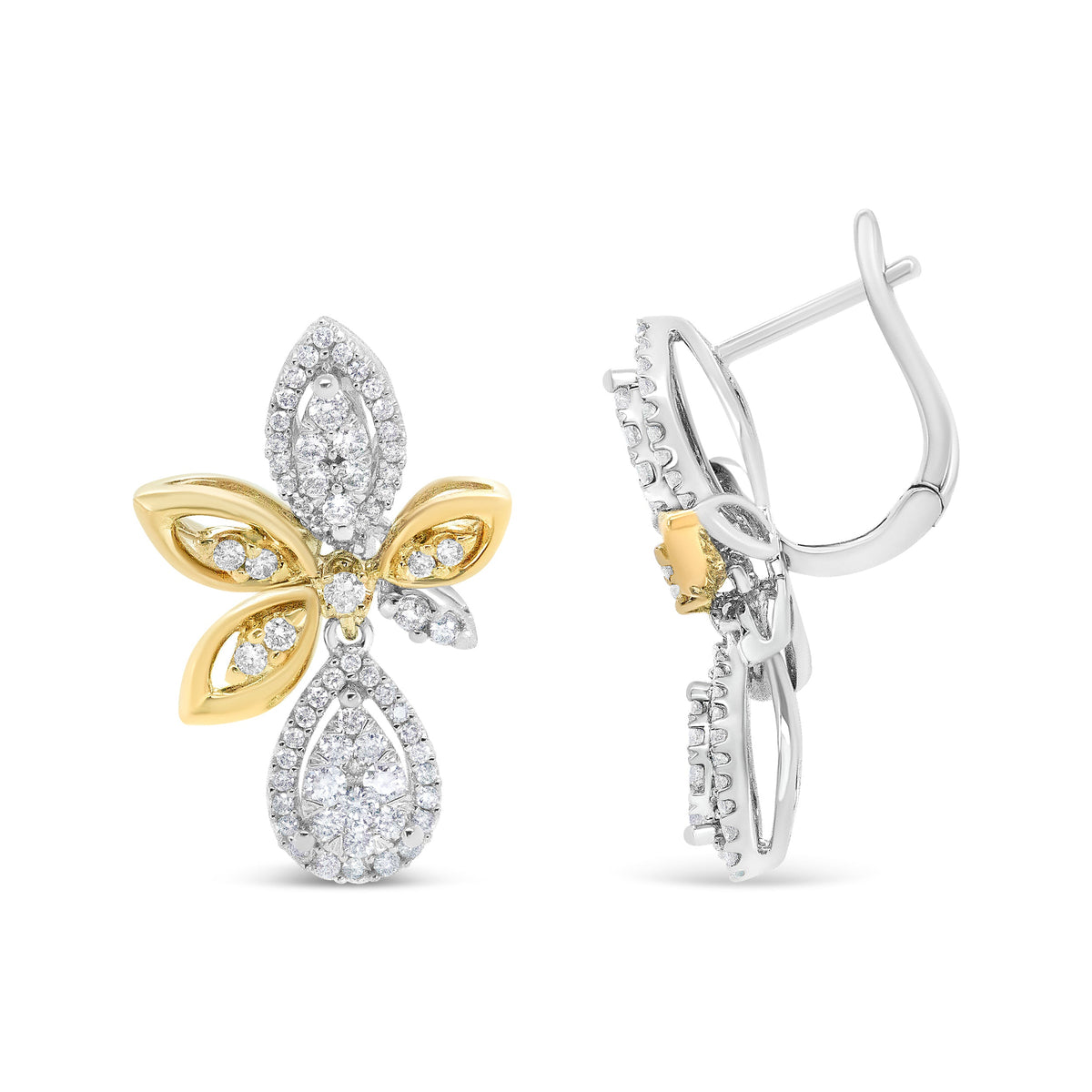 14K White and Yellow Gold 1.00 Cttw Diamond Teardrop and Marquise Drop Dangle Earrings