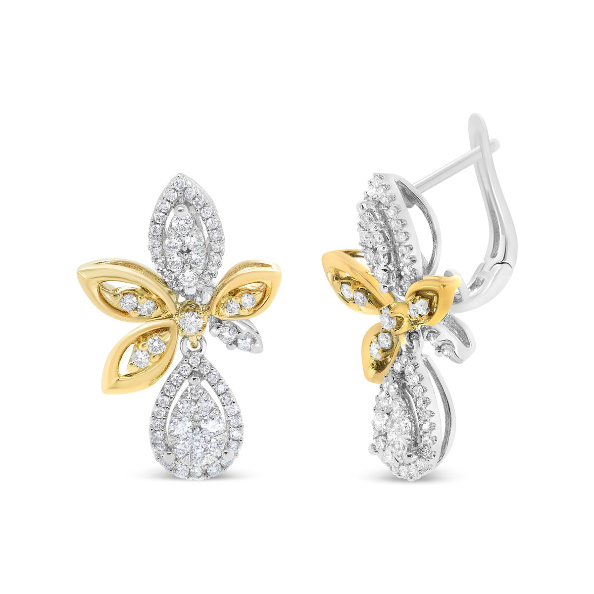 14K White and Yellow Gold 1.00 Cttw Diamond Teardrop and Marquise Drop Dangle Earrings