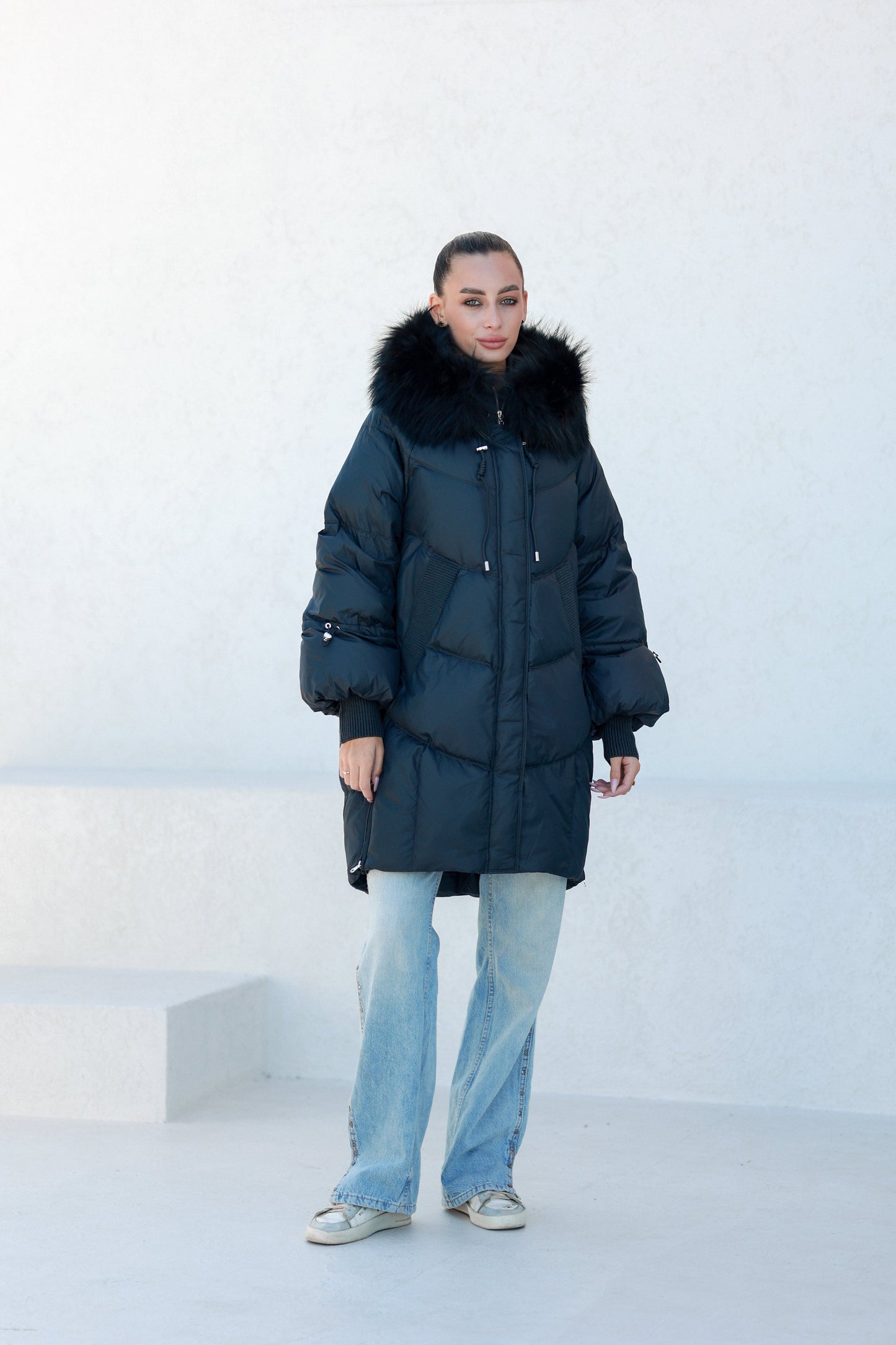Celeste Fur Trim Down Fill Coat Black Coat