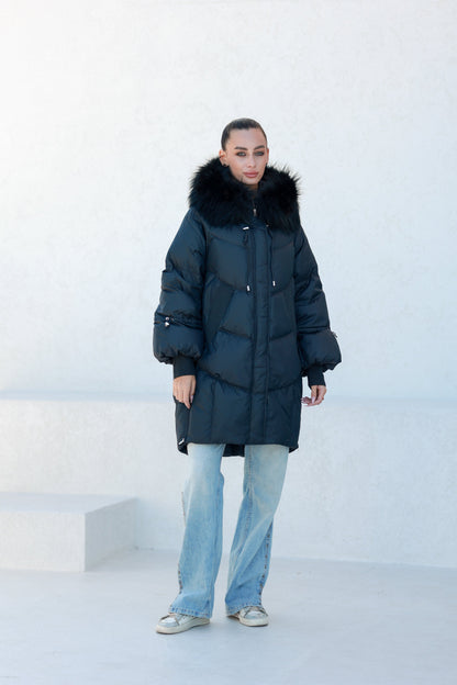 Celeste Fur Trim Down Fill Coat Black Coat