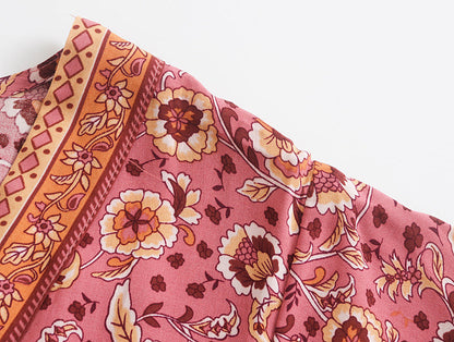 Women Clothing Summer Rayon Positioning Printed Dress V-neck Lace-up Vacation Dress Bohemian
