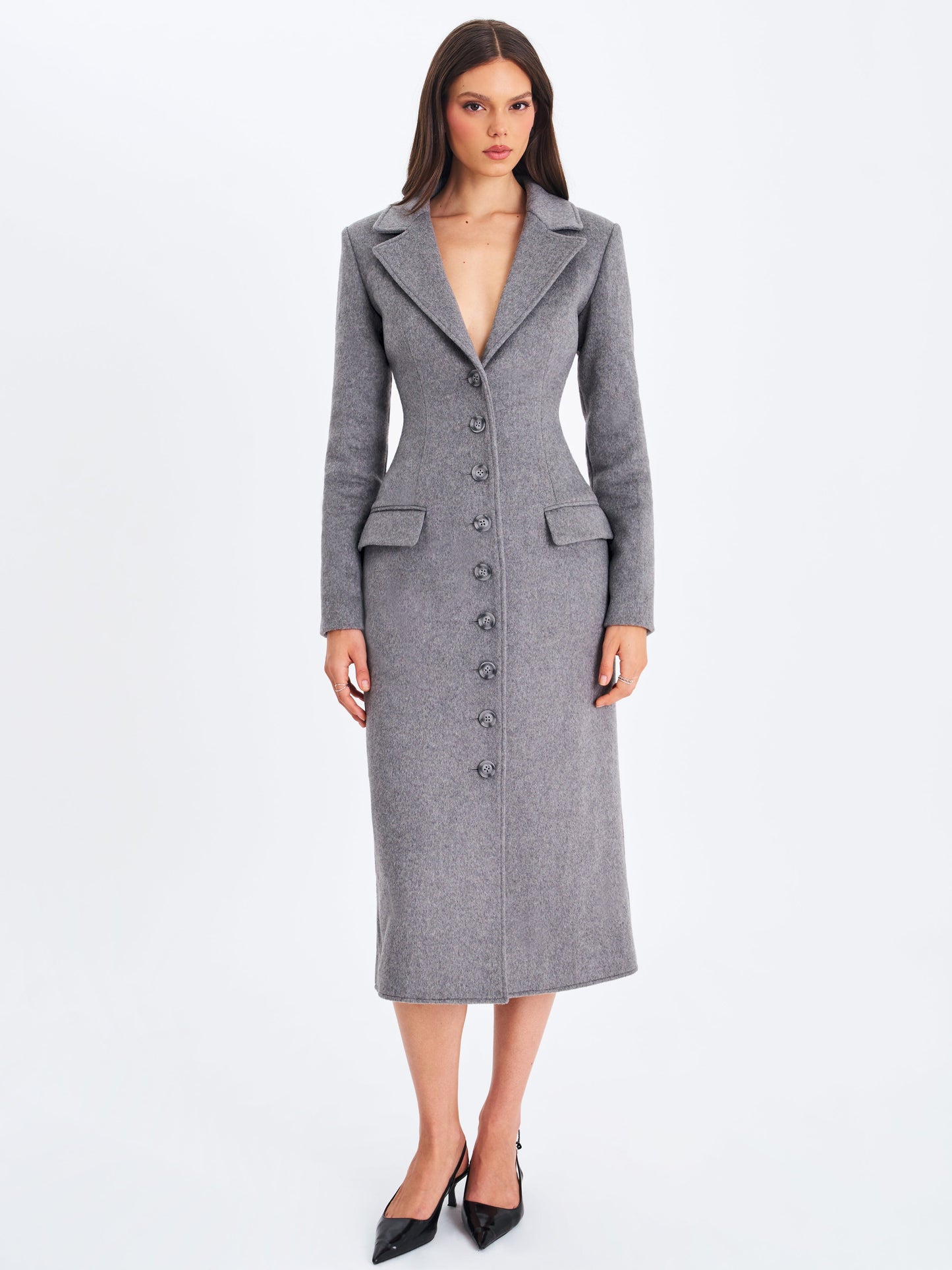 Faye Grey Wool Blend Single-Breasted Coat with Removable Faux Fur Collar