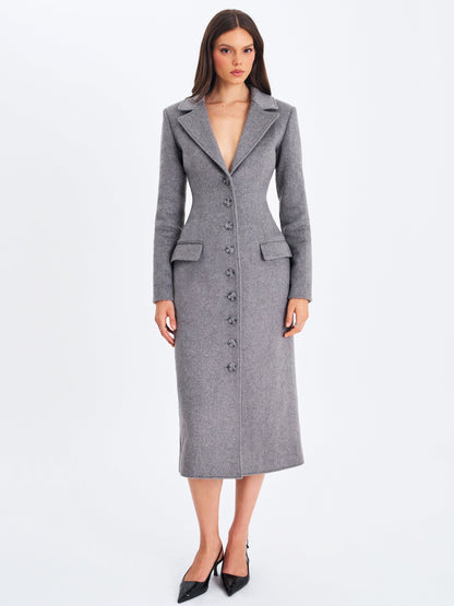 Faye Grey Wool Blend Single-Breasted Coat with Removable Faux Fur Collar