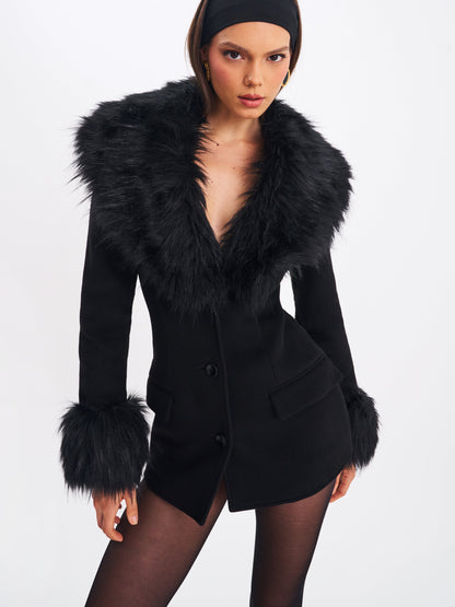 Hailee Black Single Breasted Wool Blend Mini Coat with Removable Fur Lapel