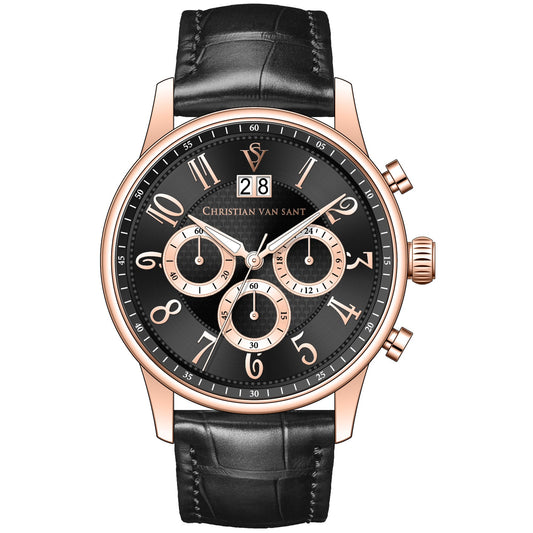 Christian Van Sant Heritage Black Leather Chronograph Watch