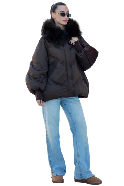 Chantal Fur Trim Down Fill Coat Chocolate Coat