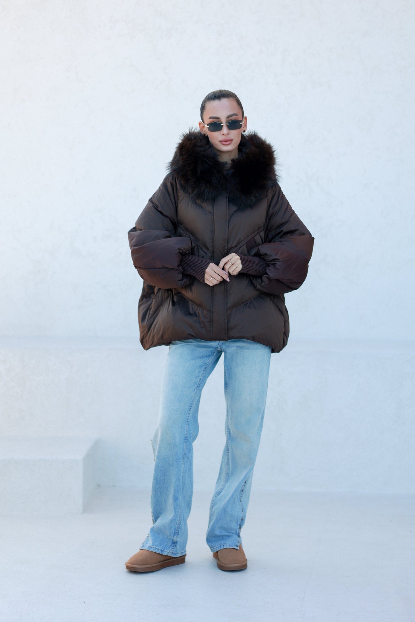 Chantal Fur Trim Down Fill Coat Chocolate Coat