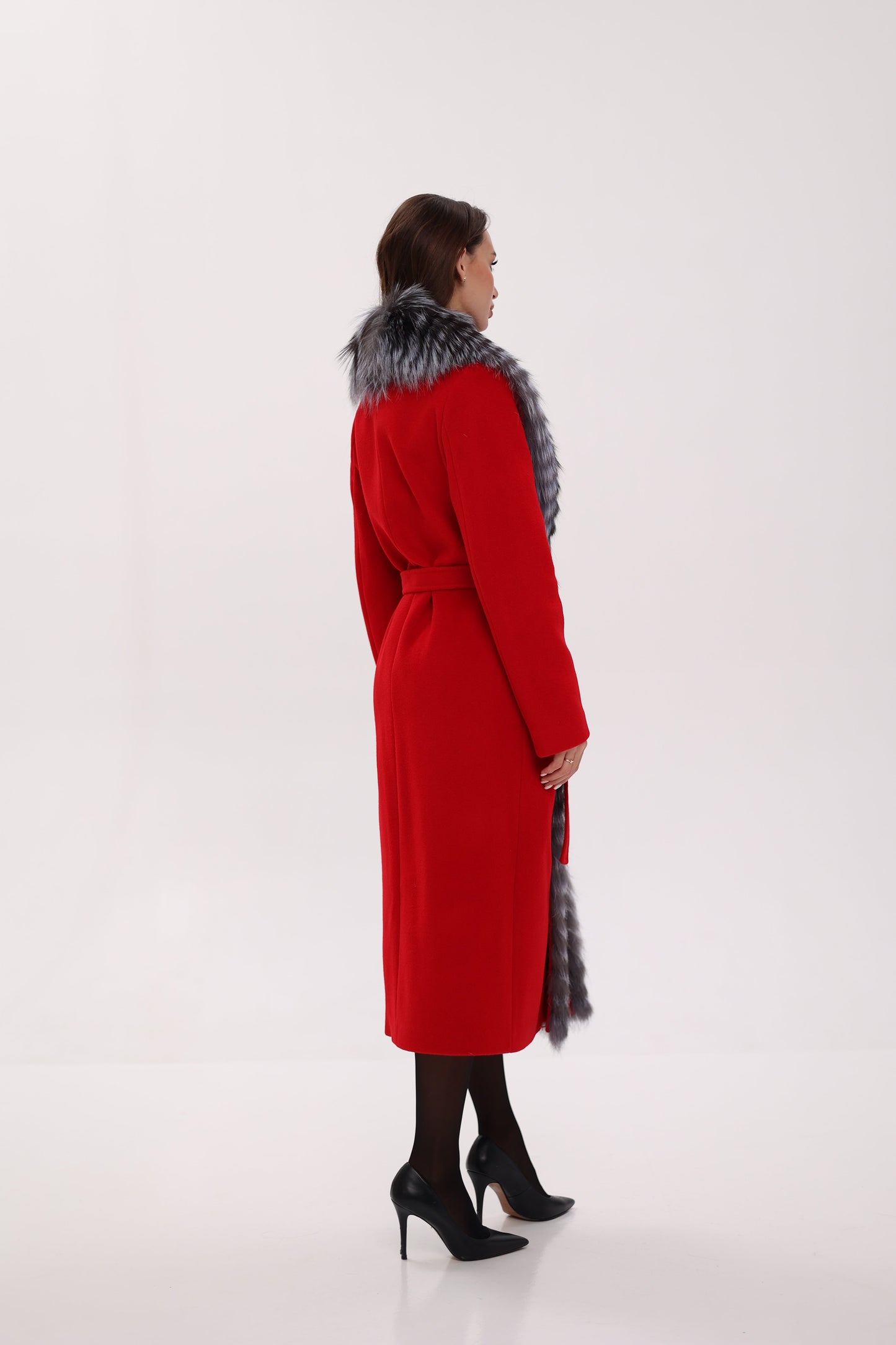Silver Fox Virgin Wool Wrap Coat in Red