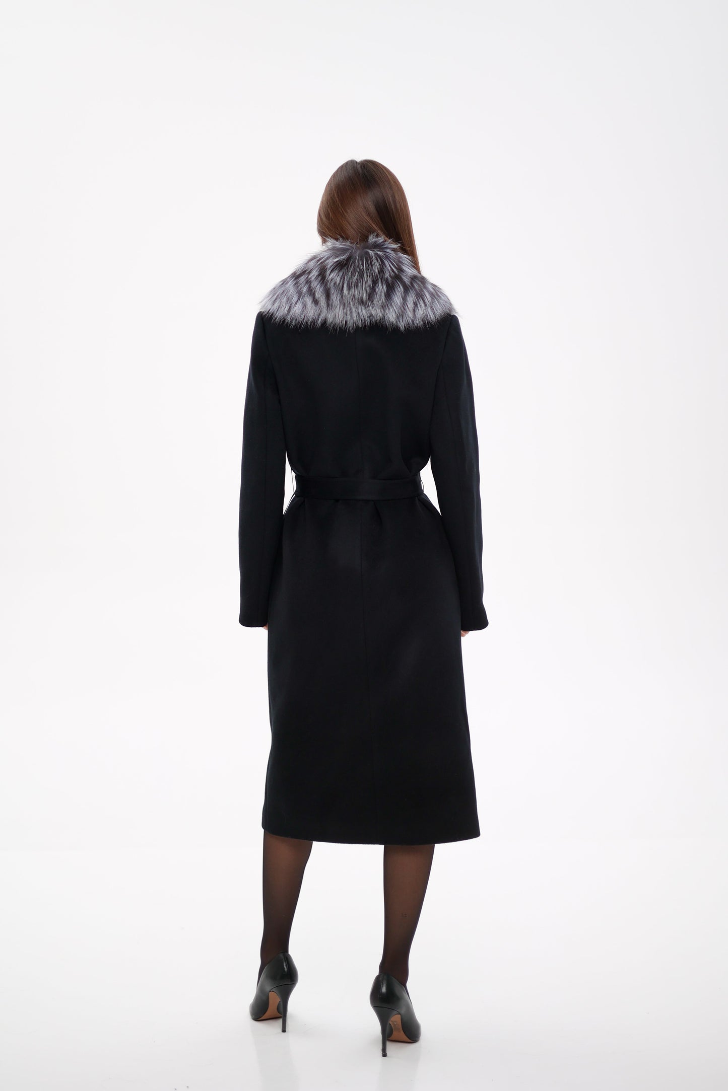 Silver Fox Virgin Wool Wrap Coat in Black