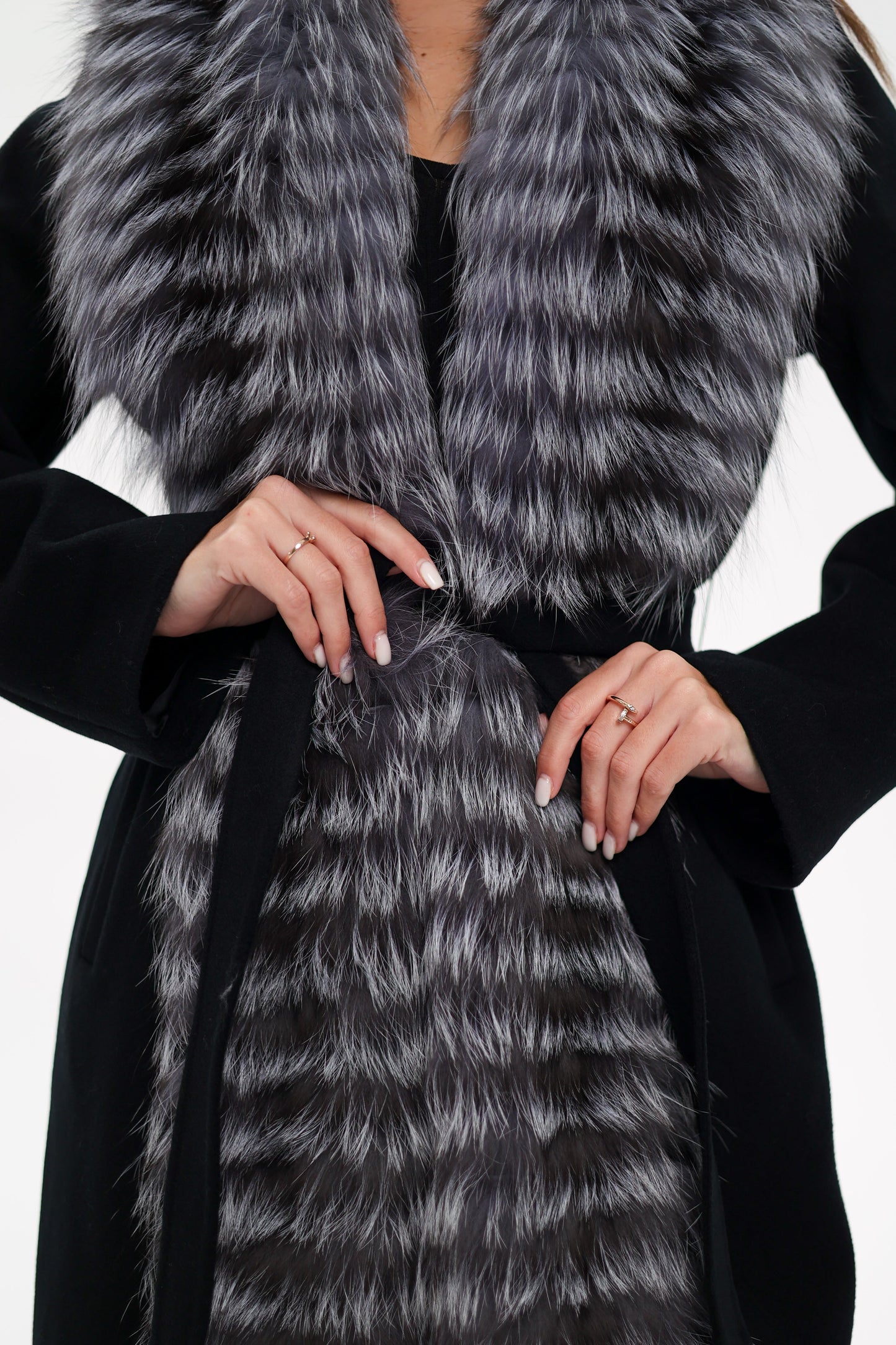 Silver Fox Virgin Wool Wrap Coat in Black