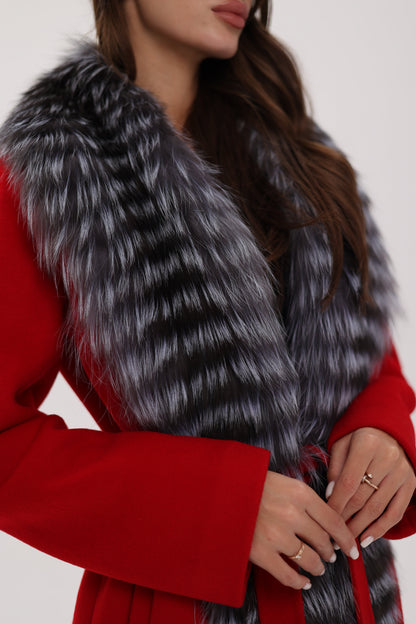 Silver Fox Virgin Wool Wrap Coat in Red