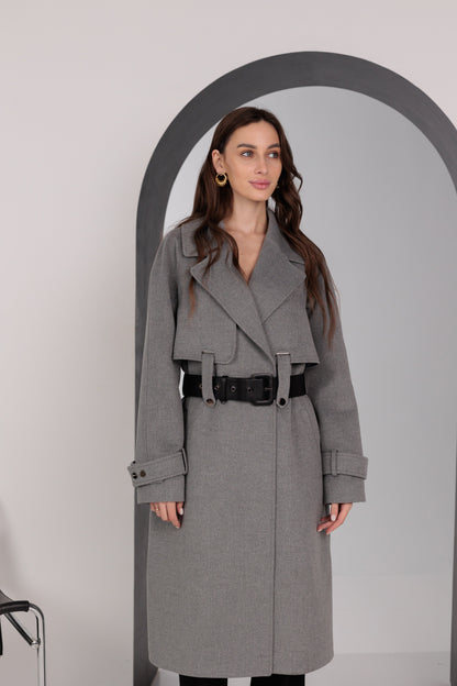 Karina Belted Wool Cashmere Blend Overcoat in Grey