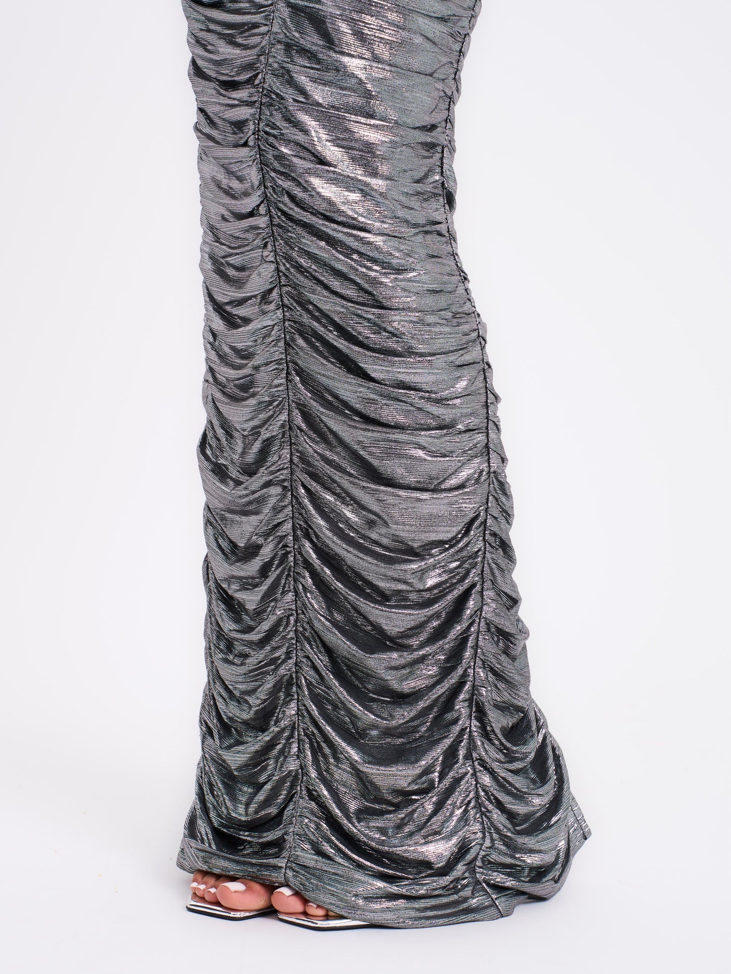 Abril Ruched Silver Glitter Backless Gown