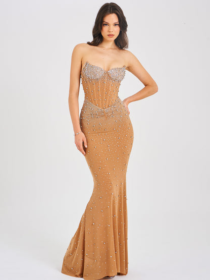 Fatima Nude Crystal Sleeveless Corset Mermaid Maxi Dress