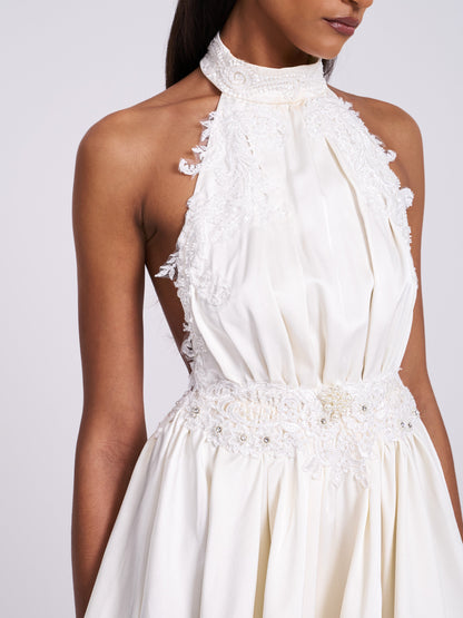 Idalia Pearl White Beaded Lace Trim Backless Halter Mini Dress
