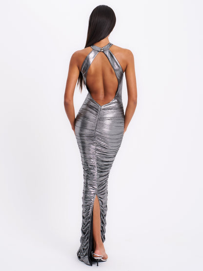 Abril Ruched Silver Glitter Backless Gown