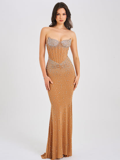 Fatima Nude Crystal Sleeveless Corset Mermaid Maxi Dress