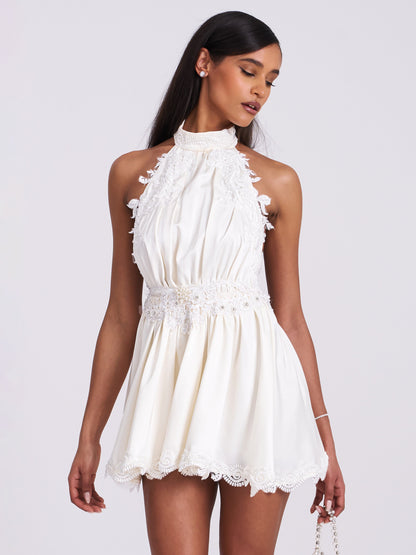 Idalia Pearl White Beaded Lace Trim Backless Halter Mini Dress