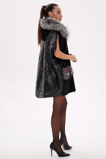 Saga®Furs Silver Fox Wool Alpaca Poncho Vest in Black