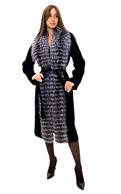 Silver Fox Virgin Wool Wrap Coat in Black