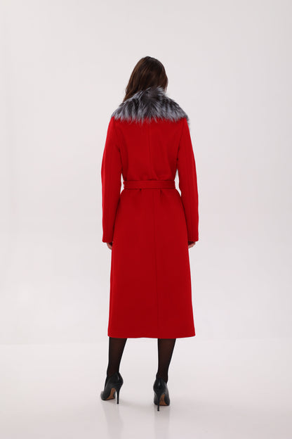 Silver Fox Virgin Wool Wrap Coat in Red