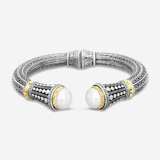 "KONSTANTINO – “Pearl Clas” Sterling Silver & 18K Yellow Gold, Cultured Pearl Bracelet (PRL: 10.5 mm x 2 pearls) – BMK4202-122  Bracelet Length: 7.0 in."