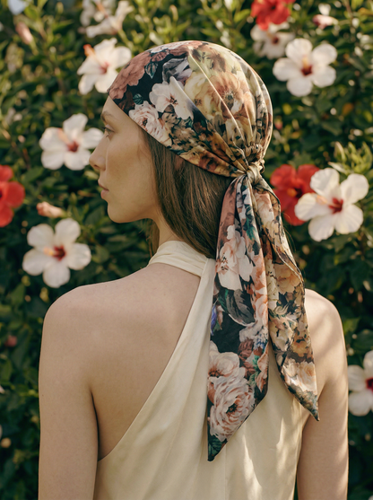 Printed Silk headscarf with ties