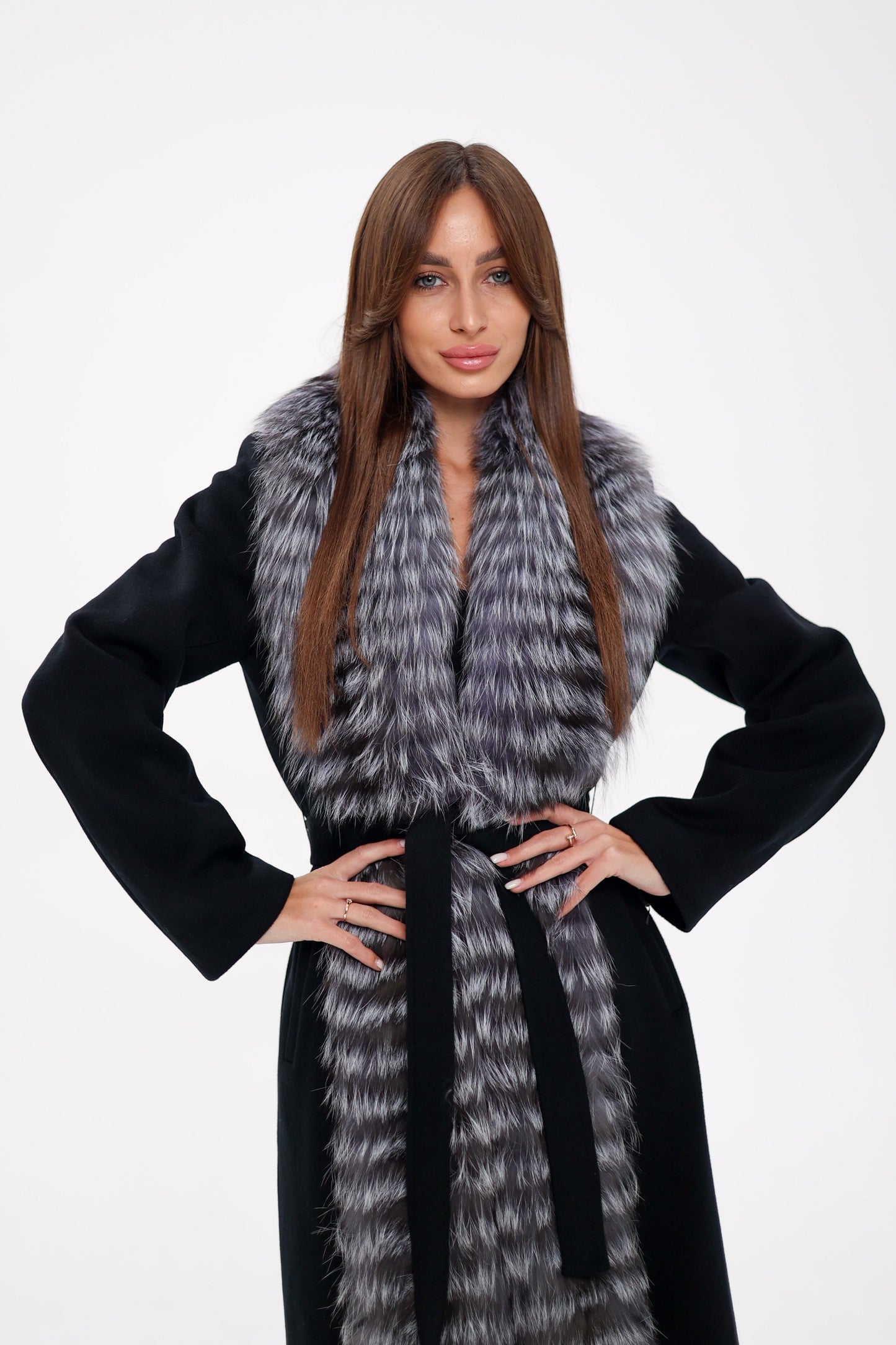 Silver Fox Virgin Wool Wrap Coat in Black
