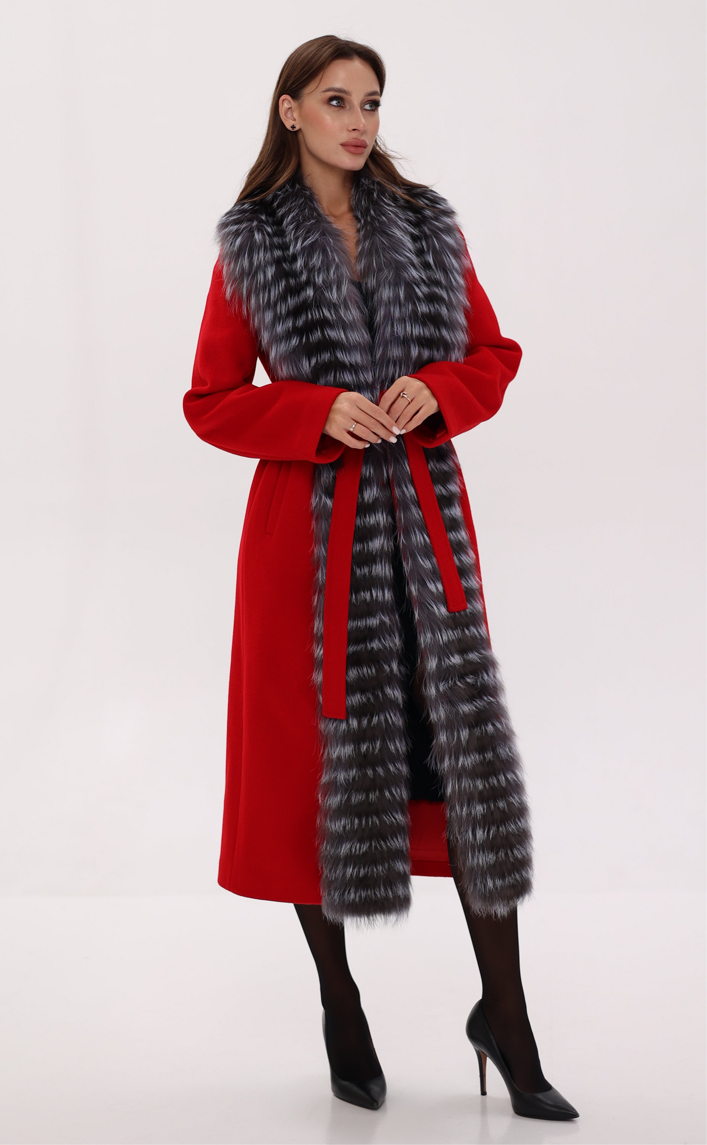Silver Fox Virgin Wool Wrap Coat in Red