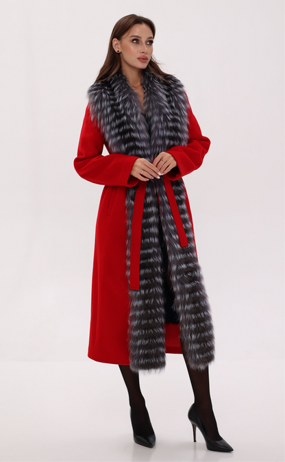 Silver Fox Virgin Wool Wrap Coat in Red