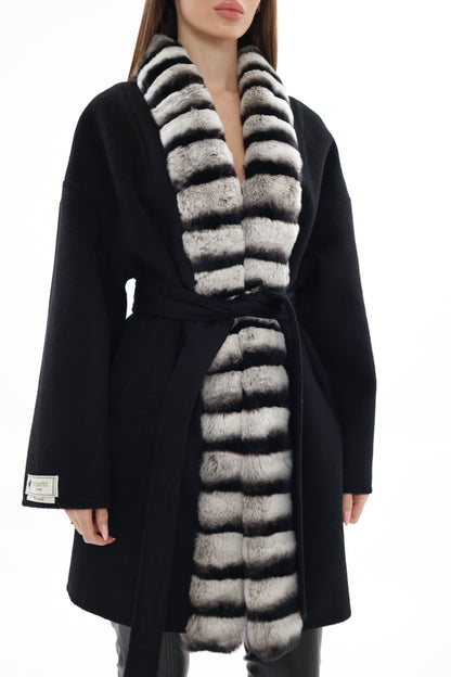 French Orylag Fur Italian Cashmere Wool Coat 85cm