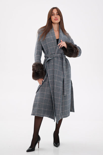 Polar Fox Fur Virgin Wool Wrap Coat