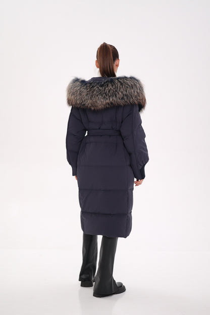Rei Fur Trim Hooded Down Coat Navy
