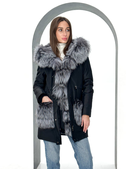 Roma Genuine Silver Fox Fur Rabbit Fur Insulated Parka in Black