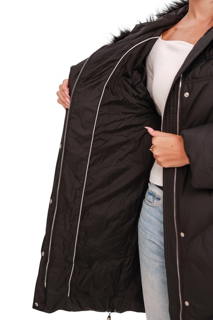 Nellie Genuine Fur Trim Down Fill Coat in Black