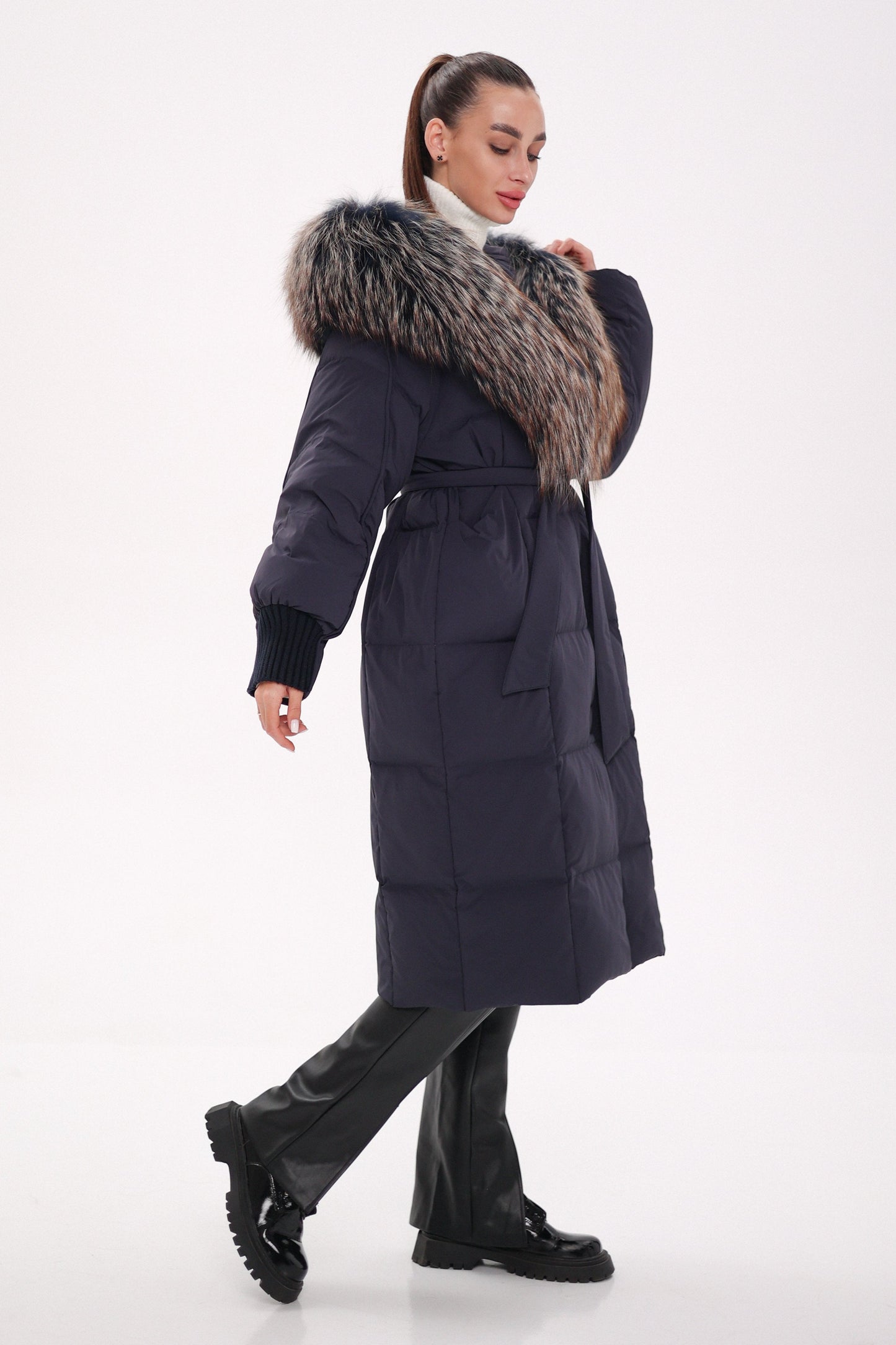 Rei Fur Trim Hooded Down Coat Navy