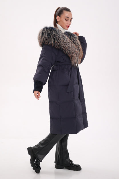 Rei Fur Trim Hooded Down Coat Navy